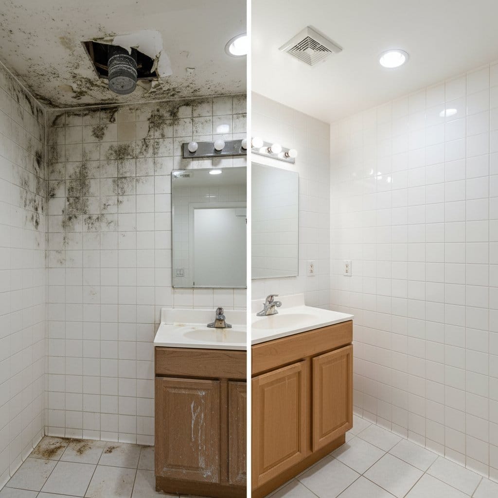 Before and after mold inspection & moisture assessment in Ridgewood split-level home bathroom
