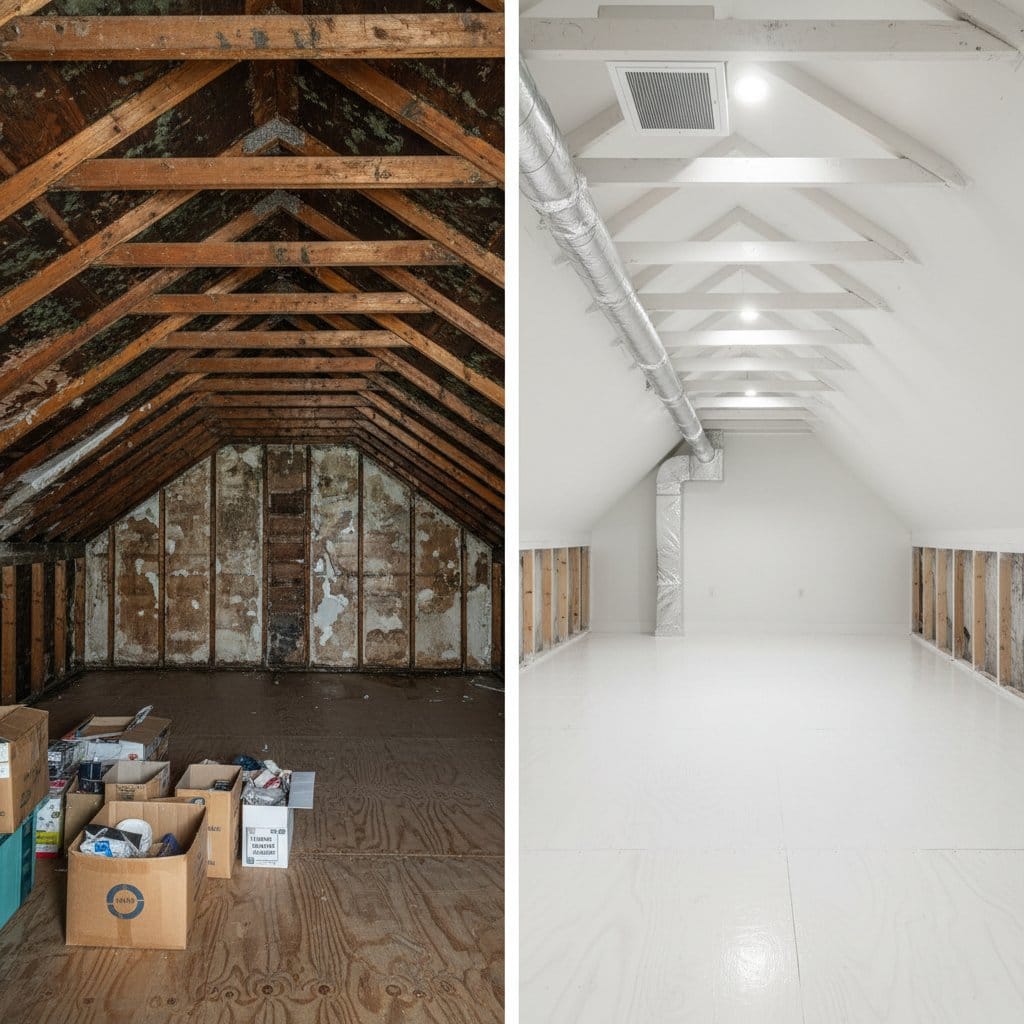 Before and after mold removal & remediation in Ridgewood commercial property attic space