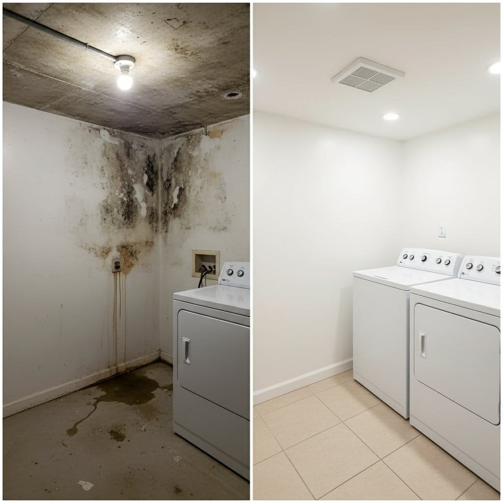 Black Mold Removal restoration — laundry room of contemporary home in Ridgewood, NJ