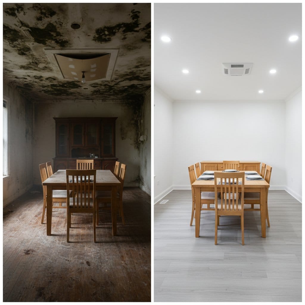 Before and after black mold removal in Ridgewood bungalow dining room