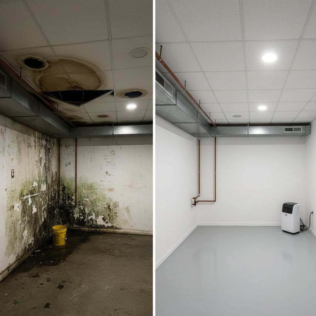 Attic & Crawl Space Mold Removal before and after in finished basement, Ridgewood NJ