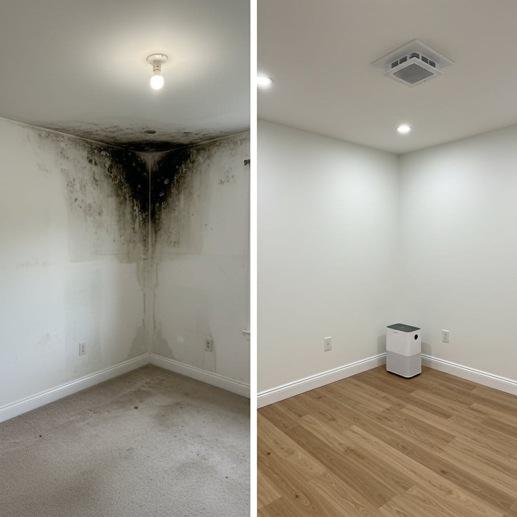 Before and after bathroom & kitchen mold removal in Ridgewood bi-level home bedroom