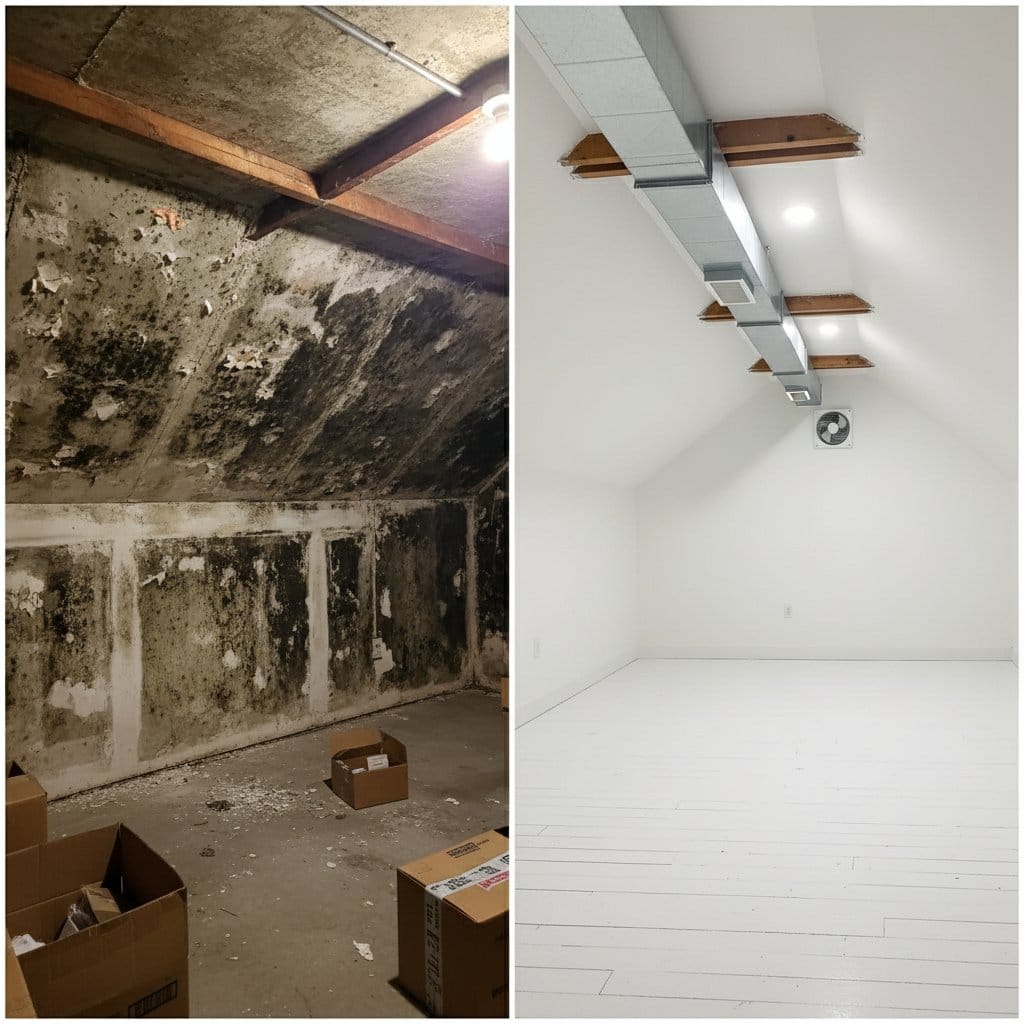 Before and after post-remediation cleaning & clearance in Ridgewood single-family home attic space