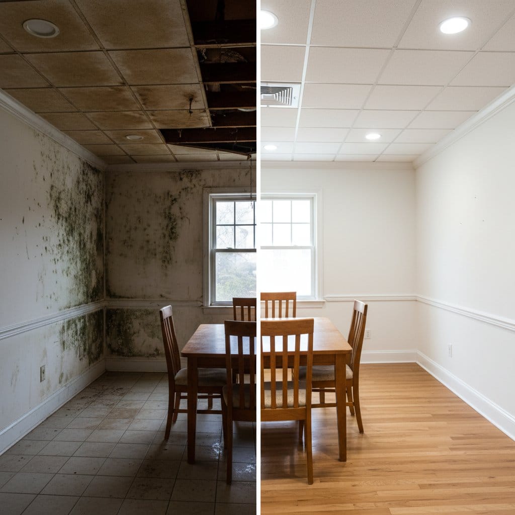 Before and after odor removal & disinfection in Ridgewood ranch-style home dining room
