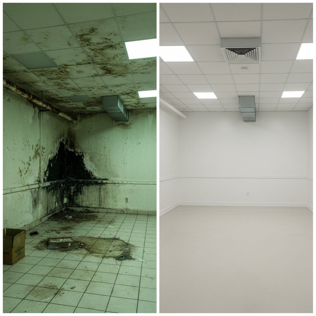 Before and after humidity & moisture control solution in Ridgewood townhouse storefront interior